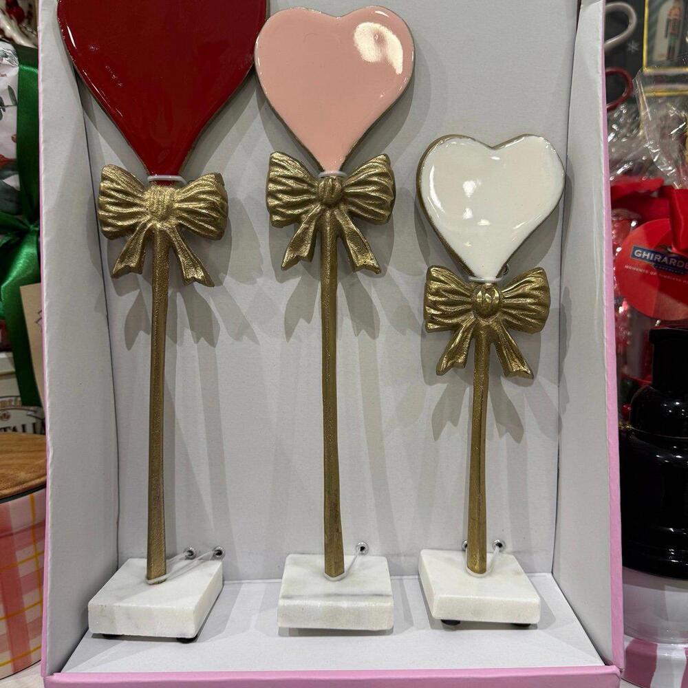 MARTHA STEWART VALENTINE’S DAY SET OF THREE HEARTS ON POST WITH COQUETTE BOW